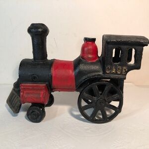 VINTAGE Cast Iron Train Case Locomotive Steam Engine Black Red Vintage 7” Toy